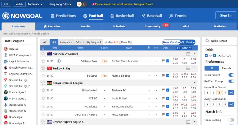 Dữ liệu kèo nhà cái trên Nowgoal